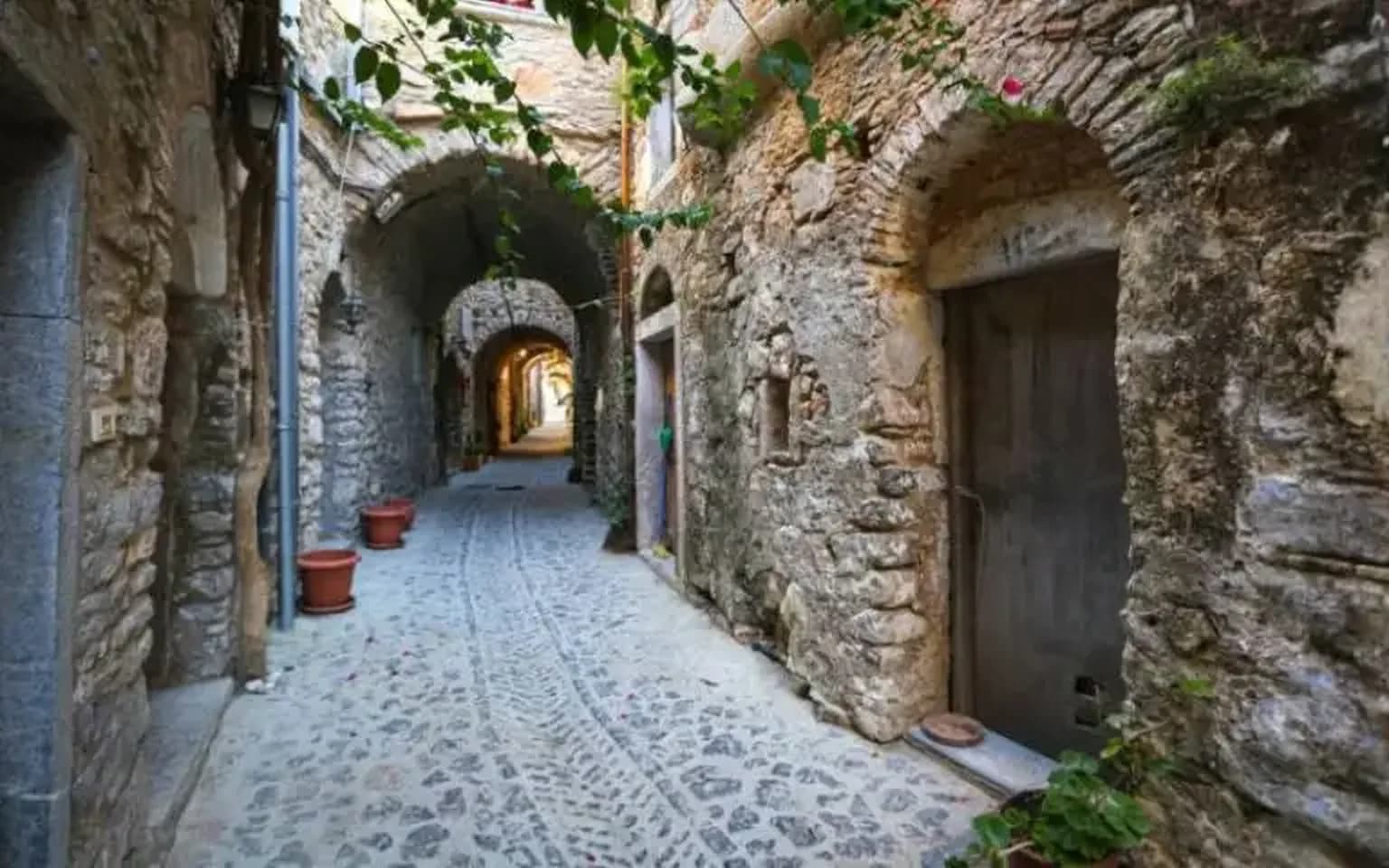 Mesta medieval village in Chios with stone alleys and fortress architecture